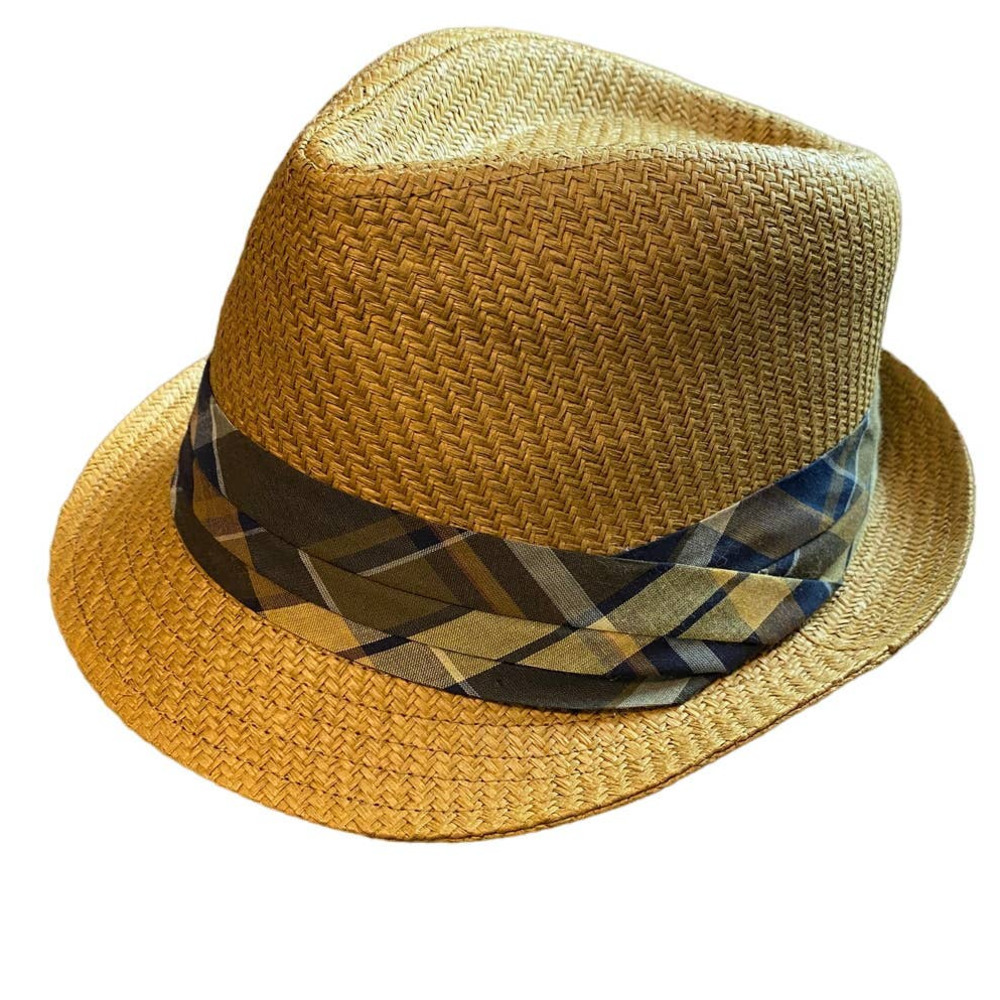 Unisex‎ Panama Straw Hat with Plaid Ribbon